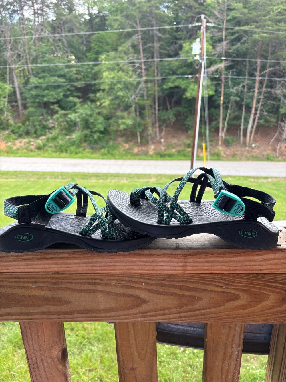 Chaco Women's Black Sandals with Green Patterned Straps and Teal Buckles